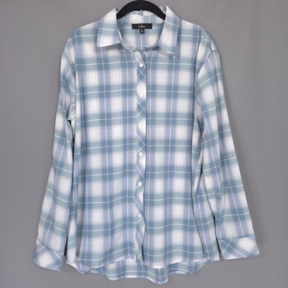 NWT Lulus Women's MEDIUM Naturally Cute Light Blue Plaid Button-Up Top Viscose B